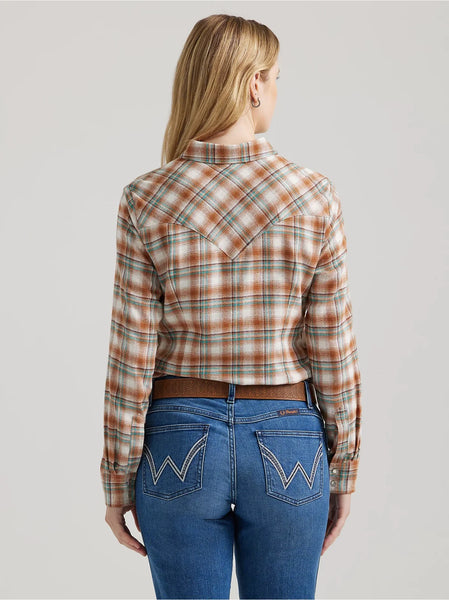 Wrangler Ladies Pumpkin Moss LS Essential Flannel Plaid Shirt