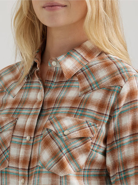 Wrangler Ladies Pumpkin Moss LS Essential Flannel Plaid Shirt