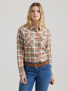 Wrangler Ladies Pumpkin Moss LS Essential Flannel Plaid Shirt