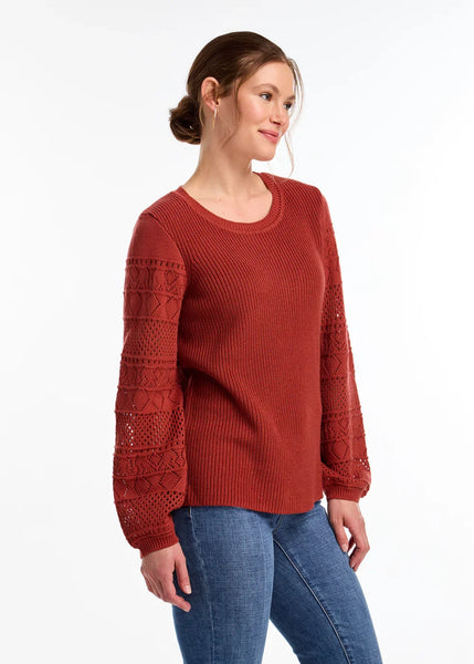 FDJ Ladies Rust Red LS Pointelle Crewneck Sweater