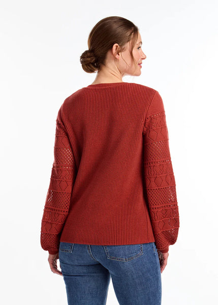 FDJ Ladies Rust Red LS Pointelle Crewneck Sweater