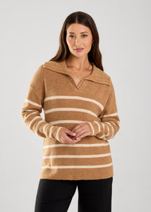 FDJ Ladies Cafe/Vanilla Collared Stripe Sweater