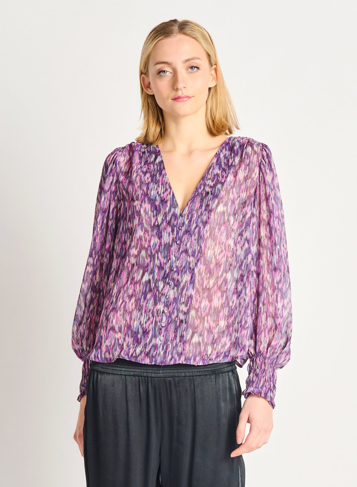 Dex Ladies Smocked Cuff Printed Purple/Lilac Woven Blouse