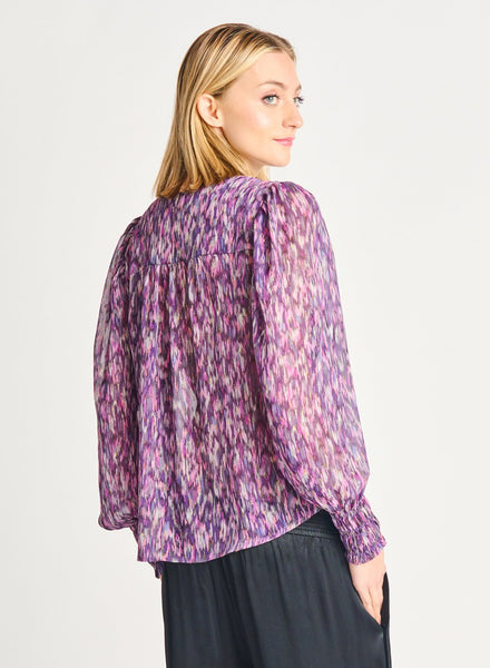 Dex Ladies Smocked Cuff Printed Purple/Lilac Woven Blouse