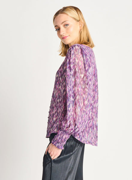 Dex Ladies Smocked Cuff Printed Purple/Lilac Woven Blouse