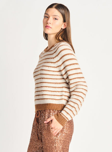 Dex Ladies Brown/White Striped Sequin Sweater