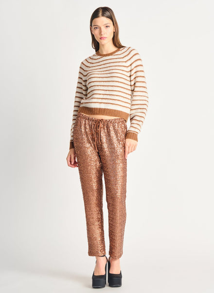 Dex Ladies Brown/White Striped Sequin Sweater