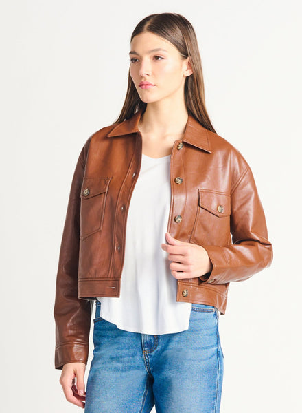 Dex Ladies Button Front Faux Leather Med Brown Jacket