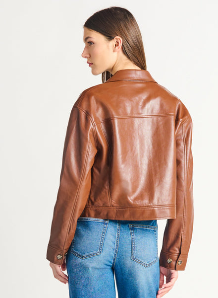 Dex Ladies Button Front Faux Leather Med Brown Jacket