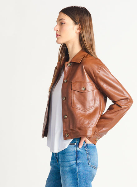 Dex Ladies Button Front Faux Leather Med Brown Jacket