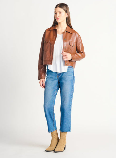 Dex Ladies Button Front Faux Leather Med Brown Jacket