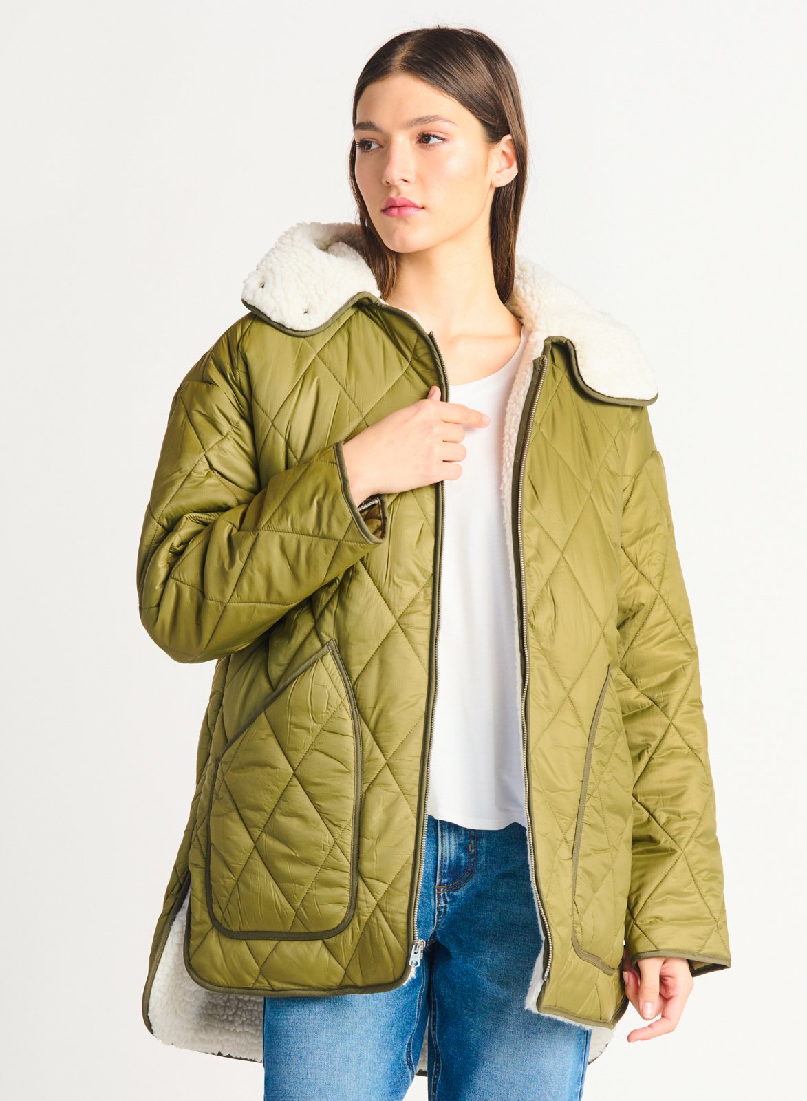 Dex Ladies Sherpa Lined Quilted Olive Green Jacket