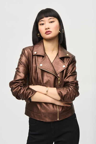 Joseph Ribkoff Ladies Bronze Metallic Faux Leather Biker Jacket