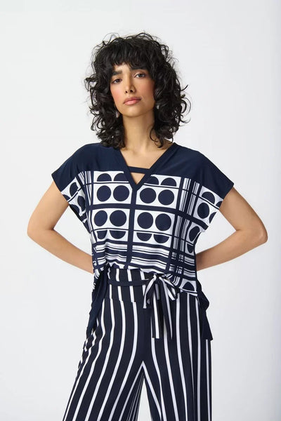 Joseph Ribkoff Ladies Geometric Print Vanilla/Midnight V-Neck Top