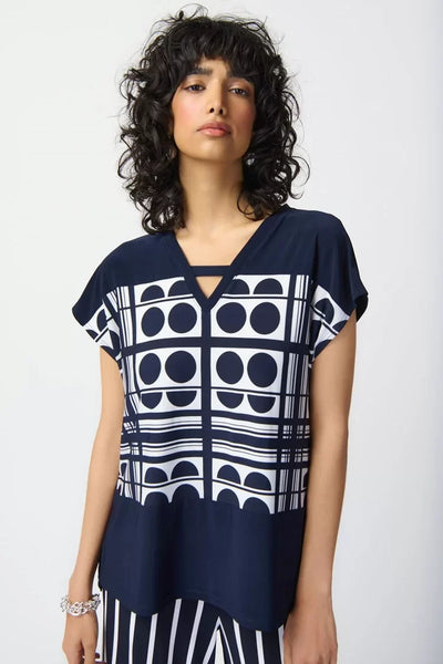 Joseph Ribkoff Ladies Geometric Print Vanilla/Midnight V-Neck Top