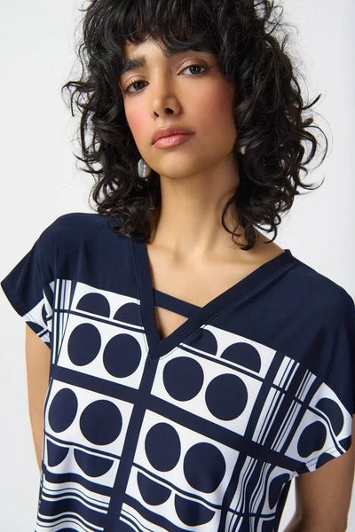 Joseph Ribkoff Ladies Geometric Print Vanilla/Midnight V-Neck Top