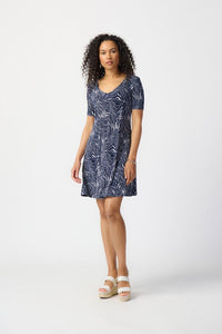 Joseph Ribkoff Ladies Abstract Print Puff A-Line Midnight Blue/Vanilla Dress