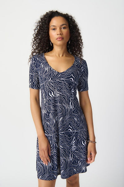 Joseph Ribkoff Ladies Abstract Print Puff A-Line Midnight Blue/Vanilla Dress