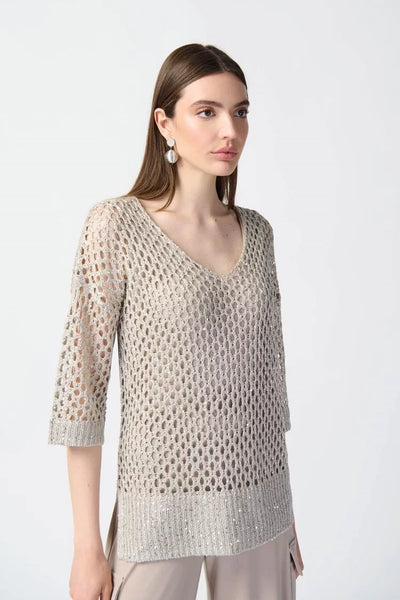 Joseph Ribkoff Ladies Champagne Open Stitch Sweater w/Sequins