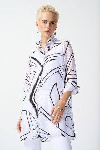 Joseph Ribkoff Ladies White/Black Burnout Organza Abstract Print A-Line Blouse