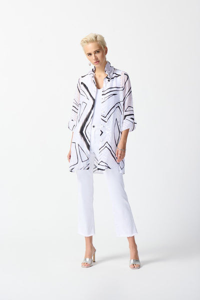 Joseph Ribkoff Ladies White/Black Burnout Organza Abstract Print A-Line Blouse