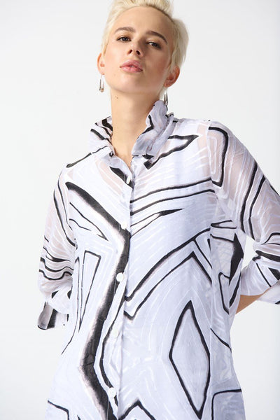 Joseph Ribkoff Ladies White/Black Burnout Organza Abstract Print A-Line Blouse