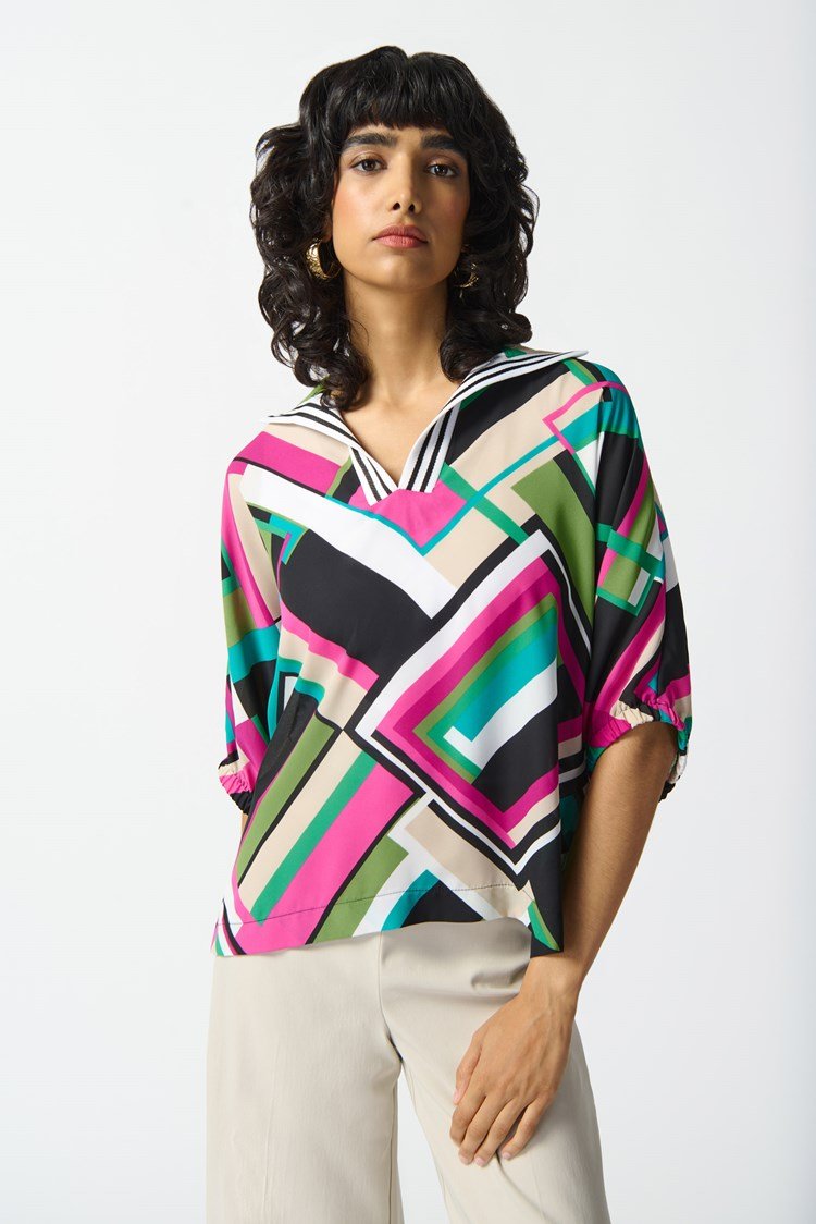 Joseph Ribkoff Ladies Black/Multi Georgette Geometric Print Boxy Top