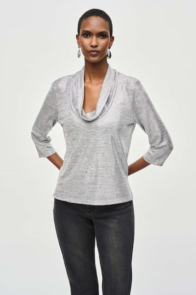 Joseph Ribkoff Ladies Grey/Silver Foiled Knit Cowl Collar Top