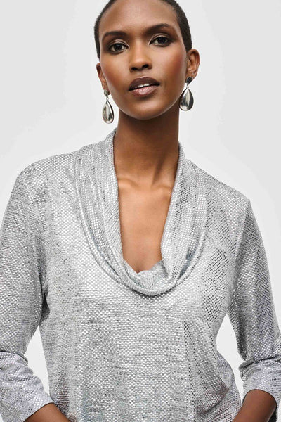 Joseph Ribkoff Ladies Grey/Silver Foiled Knit Cowl Collar Top