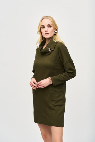 Joseph Ribkoff Ladies Olive/Black Needle Rib Zipper Collar Cocoon Dress