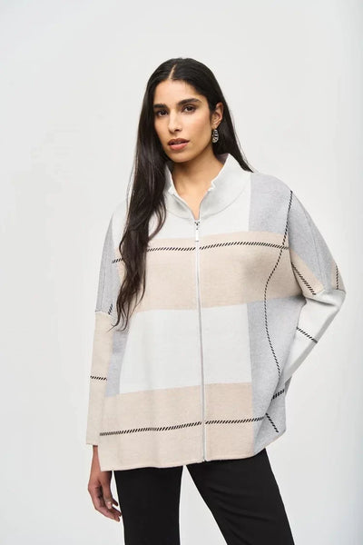 Joseph Ribkoff Ladies Vanilla/Oatmeal/Grey Colour Block Jaquard Knit Cover Up