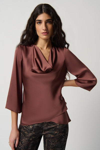 Joseph Ribkoff Ladies Cowlneck Toffee Satin Flared Top