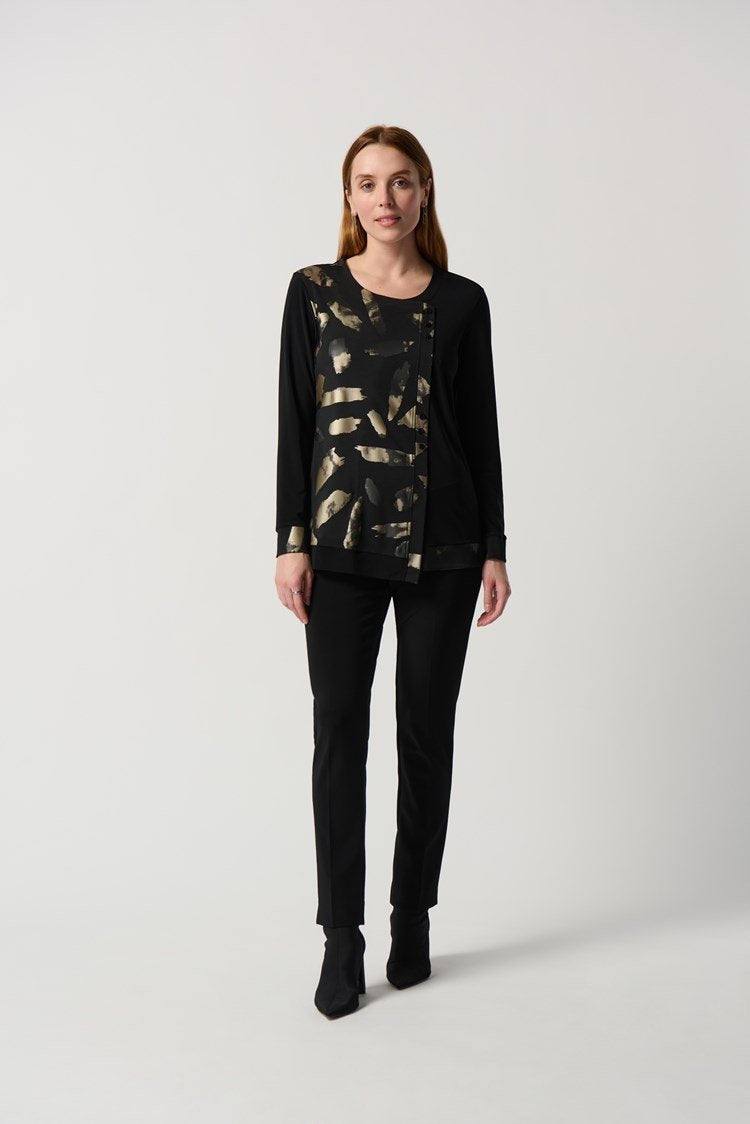 Joseph Ribkoff Ladies Abstract Print Foil Asymmetrical Black/Gold Tunic