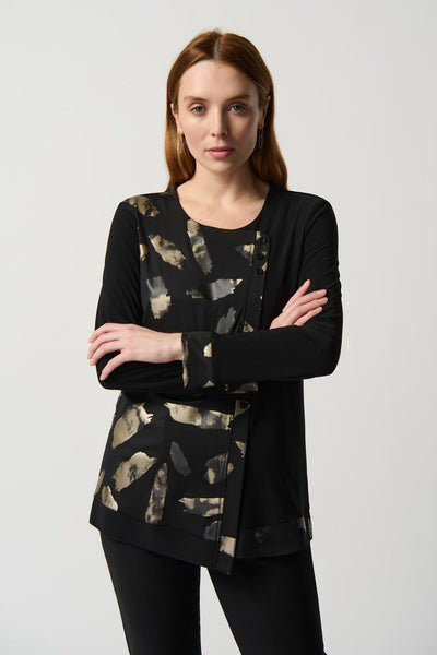 Joseph Ribkoff Ladies Abstract Print Foil Asymmetrical Black/Gold Tunic