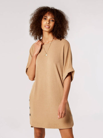 Apricot Ladies Soft Touch Rib Cream Batwing Button Dress