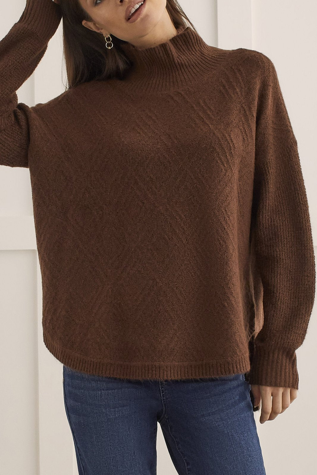 Tribal Ladies LS Chocolate Mock Neck Sweater