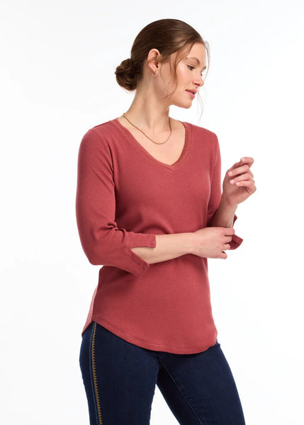 FDJ Ladies Rust Red 3/4 Sleeve V-Neck Top