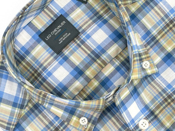 Leo Chevalier Mens Blue 100% Cotton SS No Iron Button Down Collar Shirt