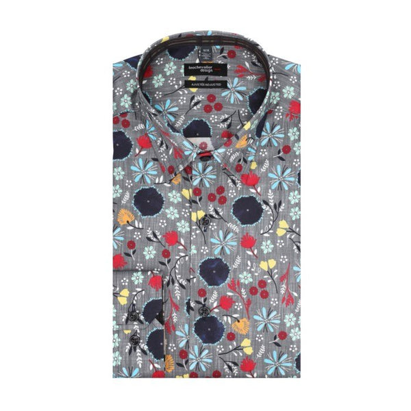 Leo Chevalier Mens Grey Print Red Adjusted Fit LS Shirt