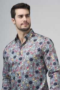 Leo Chevalier Mens Grey Print Red Adjusted Fit LS Shirt