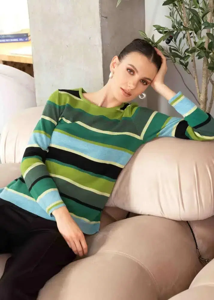 Alison Sheri Ladies Green Stripe Knit Sweater