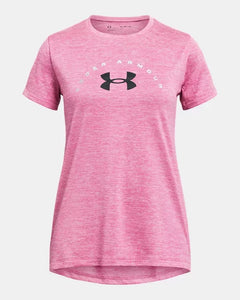 Under Armour Girls Pink Edge Tech Twist Arch Big Logo Tshirt