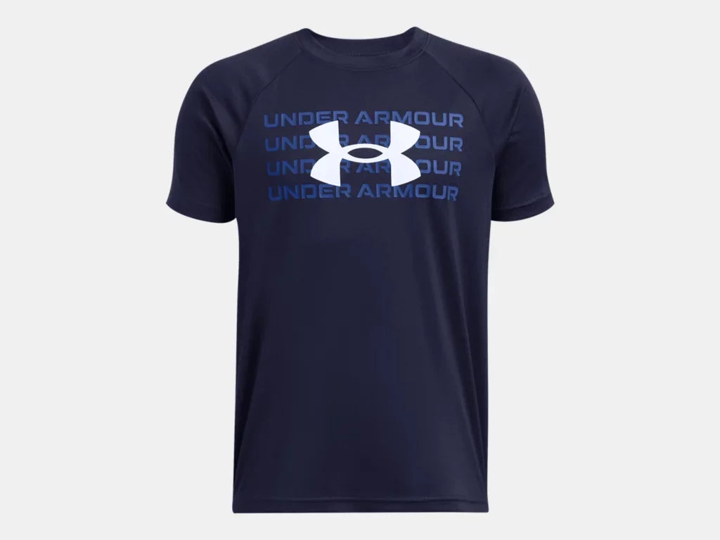 Under Armour Boys Midnight Navy Tech Wordmark Logo SS Tshirt