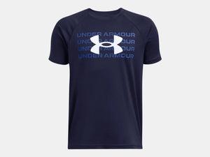 Under Armour Boys Midnight Navy Tech Wordmark Logo SS Tshirt