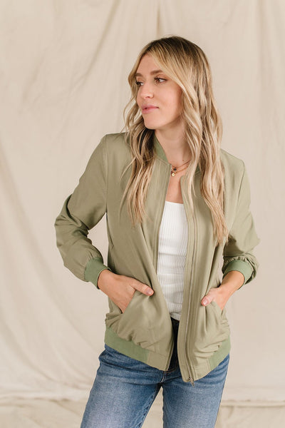 Ampersand Ave Ladies Sage Green Bomber Jacket