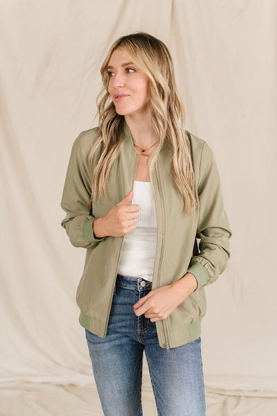 Ampersand Ave Ladies Sage Green Bomber Jacket