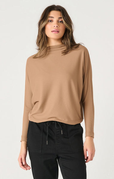 Dex Ladies Camel Ls Mock Neck Ribbed Top