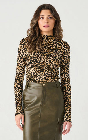 Dex Ladies Cheetah Print LS High Neck Draped Top