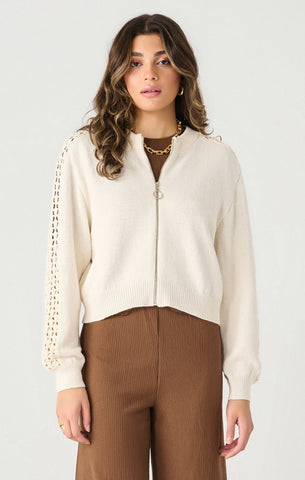 Dex Ladies Ivory Crochet Sleeve Sweater Bomber