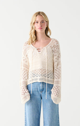 Dex Ladies Off White Lace Up Crochet Sweater